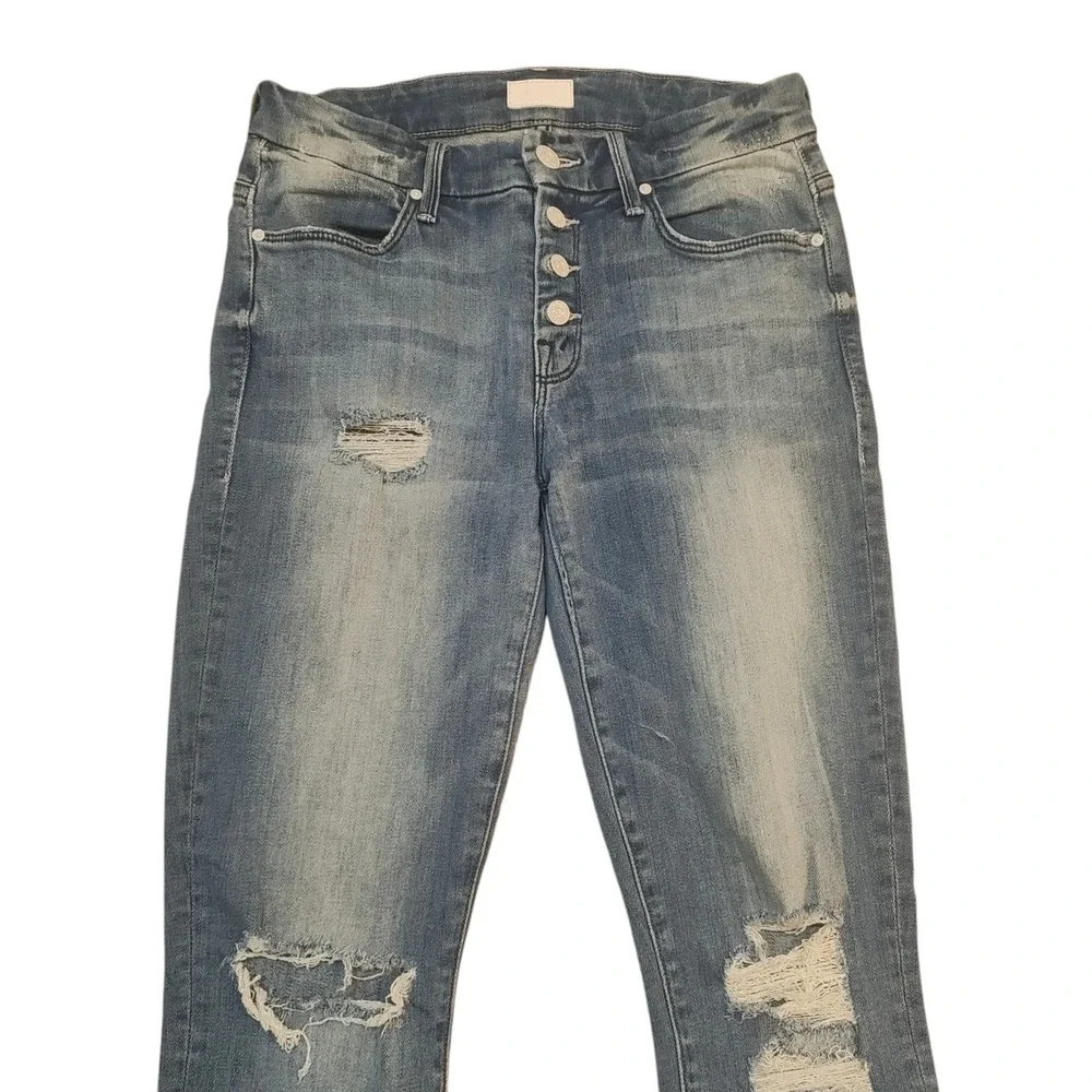 Mother The Pixie Fray Jeans Mid Rise Denim Distressed Skinny Button Fly Blue 25